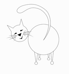 Animal white cat in a flat style, drawn with a black line in the shape of a circle, he stands with his back and turned his head forward. Drawing isolated on white background. Stock vector illustration