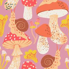 Hand drawn pattern with snails and mushrooms. Autumn illustration is good for textile.	