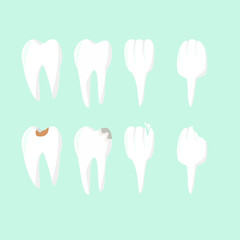 Set of teeth in flat style, healthy teeth and decayed teeth, dentistry and dental health, vector illustration for design and creativity