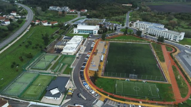 Aerial View of Sports Soccer Football Field. Portugal Drone Footage