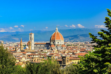 Fototapeta na wymiar Panoramic view of the historic part of Florence. Florence Cathedral, Palazzo Vecchio and more