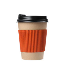 Takeaway paper coffee cup with cardboard sleeve isolated on white