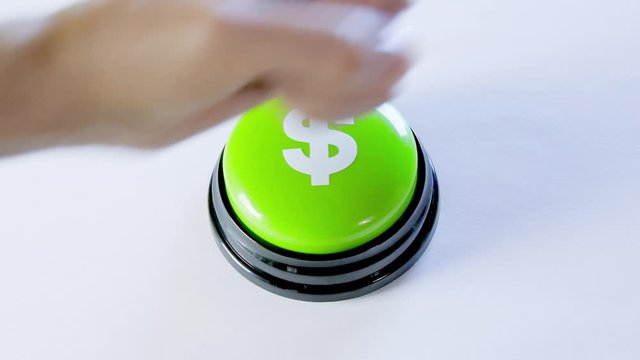 Business person pushing green glossy money button with dollar sign. Press button to earn big bucks. 4K video for payment system, financial institution, stock market, digital wallet, crediting, banks