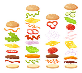 Burger ingredients diy collection. Set of isolated ingredients for build your own burger and sandwich. Sliced vegetables, sauces, bun and cutlet for burger. Vector burger maker