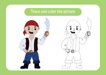 Little smiling pirate with saber. Trace and color the picture. Educational game for children. Handwriting and drawing practice. Pirate theme activity for toddlers, kids. Vector illustration.