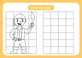 Copy the picture of pirate - use the grid and example. Educational game for children. Handwriting and drawing practice. Pirate theme activity for toddlers, kids. Vector illustration.