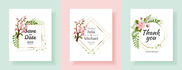 Fototapeta na wymiar Set of sakura flowers backgrounds. Floral wedding invitation cards template design. Holiday invitation, greeting cards and fashion design