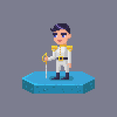 Pixel art prince character. Fairytale personage.