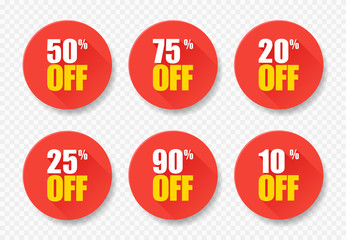 Sale tags set vector badges template, 10 off, 20, 25, 50, 75 90 percent sale label symbols, discount promotion flat icon with long shadow, clearance sale sticker emblem