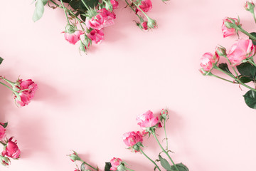 Beautiful flowers composition. Pink rose flowers on pastel pink background. Valentines Day, Easter, Happy Women's Day, Mother's day. Flat lay, top view, copy space