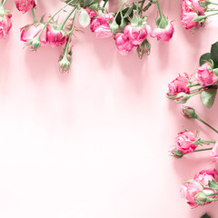 Beautiful flowers composition. Pink rose flowers on pastel pink background. Valentines Day, Easter, Happy Women's Day, Mother's day. Flat lay, top view, copy space