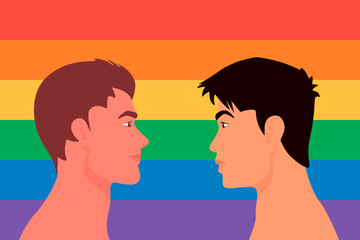 Portrait of Cute Two Young Men, Gay Couple Look at Each Other on LGBT Flag Background. Romantic Partner, Homosexual Relationship Concept. Love, Valentine s Day. Vector Cartoon, Flat Style. Side View