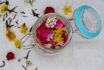 Obraz na płótnie Canvas Fresh aromatic medicinal herbs in a glass container.
