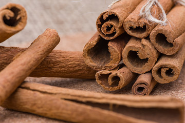 Dry cinnamon bark tied in a bunch on a burlap background.