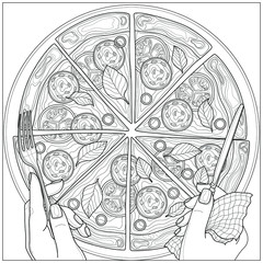 Pizza with sausage, tomatoes and basil.Coloring book antistress for children and adults. Illustration isolated on white background.Black and white drawing.Zen-tangle style.