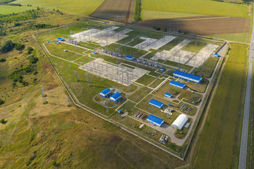 An electrical substation for heavy current with resistors. Aerial view.