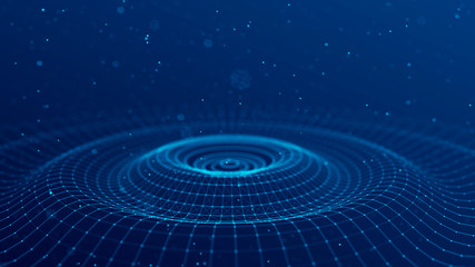 Wave of particles. Abstract background with a dynamic wave. Futuristic wave of blue dots. Futuristic particles background. Big data visualization. 3D rendering.