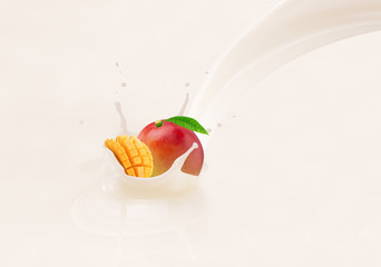Falling mango is splashing into milk