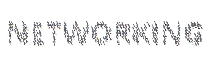 Aerial top down view of people and their shadows making up NETWORKING word. 3d rendering