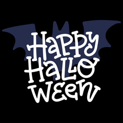 Happy Halloween modern doodle Calligraphy. Halloween banner on dacr background with bat silhouette. Halloween lettering.