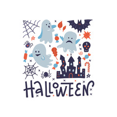 Happy Halloween square pattern greeting card with ghosts, black spider, scary castle and spider web. Flat vector illustration with lettering.