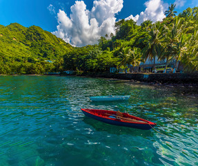 A view of small boats moored at Wallilabou Anchorage, Saint Vincent