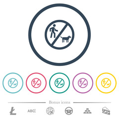 No dog walking flat color icons in round outlines