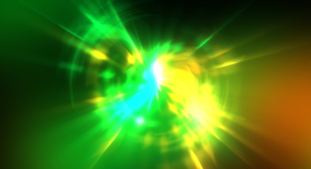 Dynamic moving burst of light. Beautiful shinning background of colorful lights. Vibrant energy display of a star with glowing light rays and particles.