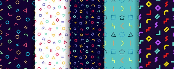 Fototapeta premium Memphis seamless pattern. Set of five geometric textures. Vector. Wrapping paper design. Colorful geometric background. Minimal abstract cover. Pattern templates in swatches panel