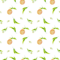 Fototapeta na wymiar Watercolor Seamless orange fruit pattern with tropic fruits, leaves, flowers background. Hand drawn illustration for summer romantic cover, tropical wallpaper, prints for the kitchen, Sicilian style