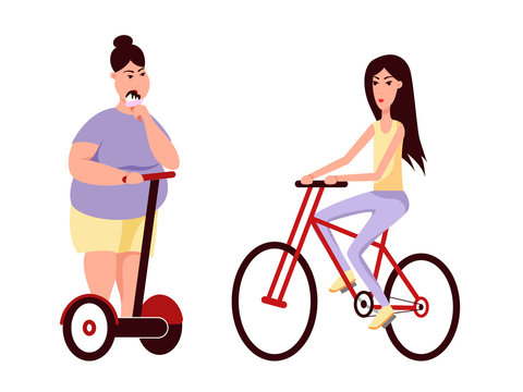 Slim and fat womans ride scooter and bike. Flat vector color cartoon icon