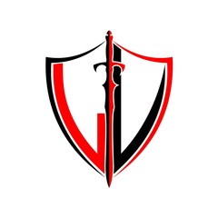 initials L V Shield Armor Sword for logo design inspiration