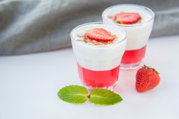 Italian dessert panna cotta with strawberries