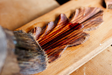 wood processing with epoxy varnish, restoration of retro wood accessories.