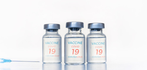 Transparent vials, syringe with new vaccine for covid-19 coronavirus, flu, infectious diseases. Injection after clinical trials for vaccination of human, child, adult, senior. Medicine, drug concept