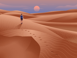 Fototapeta na wymiar Manin the desert illustration. Landscape of sand dunes with evening sky and sun at the horizon. Man traveling with a backpack alone.