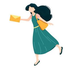 The girl runs and holds an envelope in her hand. A simple figure of a woman with a letter in her hand and a shopper on her shoulder. Vector illustration isolated on white background.