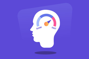 Human heads silhouette with speedometer icon. Growth mindset, potential development, fast self improvement, soft skills training, boost efficiency, fast decision making Flat vector illustration