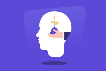 Human heads silhouette with growing plant icon. Self growth, potential development, motivation and aspiration. Psychotherapy and analysis. Modern flat vector illustration