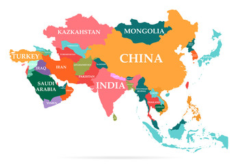 Vector illustration of colorful map. Asia continent with names of countries and borders isolated on white background