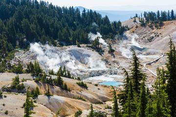 Landscape view of the geothermal features of Bumpass Hell in Lassen Volcanic National Park...