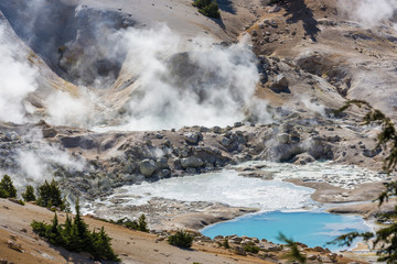 Landscape view of the geothermal features of Bumpass Hell in Lassen Volcanic National Park (California).