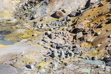 Landscape view of the geothermal features of Bumpass Hell in Lassen Volcanic National Park (California).