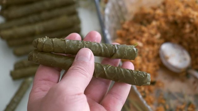 close-up homemade stuffed leaves, snack foods stuffed leaves,