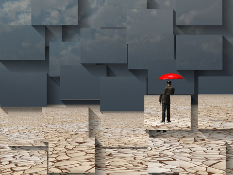 Surreal digital art. Man with red umbrella in dry land under gathering storm. 3D rendering