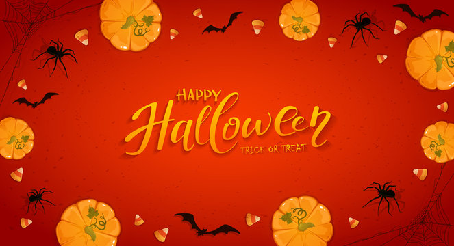 Red Halloween Background with Pumpkins and Candy