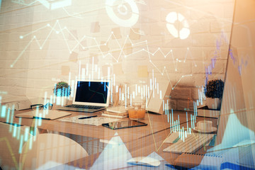 Multi exposure of stock market chart drawing and office interior background. Concept of financial analysis.