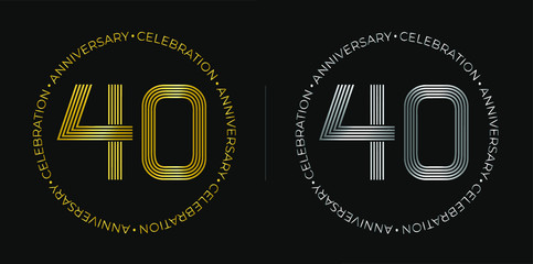 40th birthday. Forty years anniversary celebration banner in golden and silver colors. Circular logo with original numbers design in elegant lines.