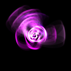 Spinning rays of light isolated on black background. Graphic 2D illustration of glowing colorful light particles in circular motion.
