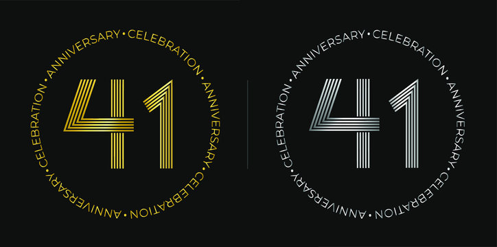 41th birthday. Forty-one years anniversary celebration banner in golden and silver colors. Circular logo with original numbers design in elegant lines.